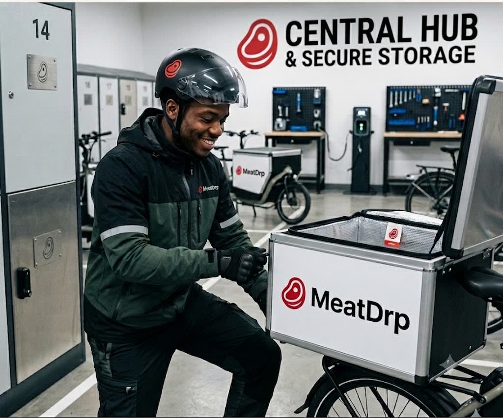 Delivery rider loading a MeatDrp cooler box onto a cargo bike