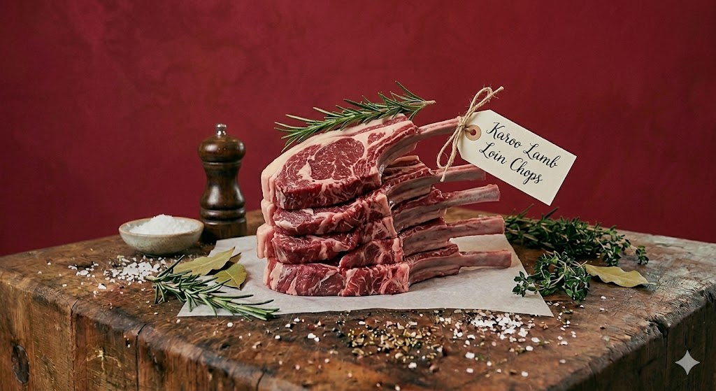 Karoo lamb chops on a wooden block